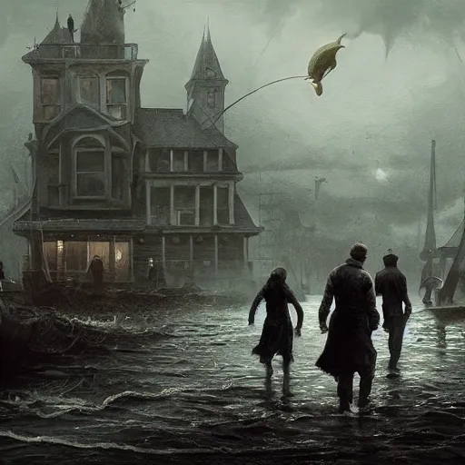 Image similar to shadow over innsmouth, fishpeople, people walking out of water, painted by seb mckinnon, high detail, dramatic light, digital art, painted by greg rutkowski, promotional movie posterart, trending on artstation