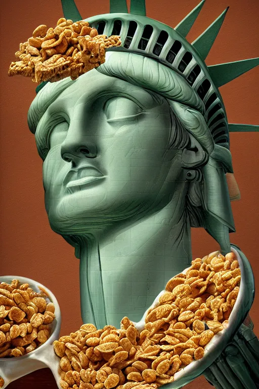 Image similar to The Statue of Liberty eating cereal, oil on canvas, intricate, portrait, 8k highly professionally detailed, HDR, CGsociety