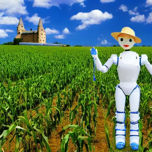 Prompt: a photo of a humanoid robot wearing a straw hat blue overalls in the corn field, photorealistic, 8 k, castle background