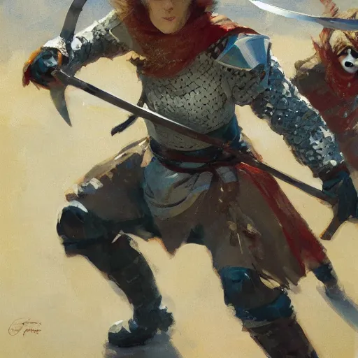 Prompt: portrait of woman wearing helmet and gambeson and chainmail fighting attacking with sword, aggressive stance, detailed by greg manchess, craig mullins, bernie fuchs, walter everett