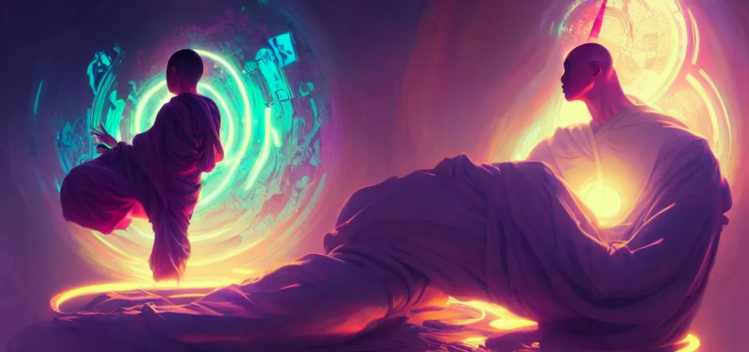 Image similar to a floating monk meditating, channeling swirling energy, wearing cyberpunk clothing, vaporwave aesthetic, colorful, psychedelic, digital painting, artstation, concept art, smooth, sharp focus, illustration, art by artgerm and greg rutkowski and alphonse mucha