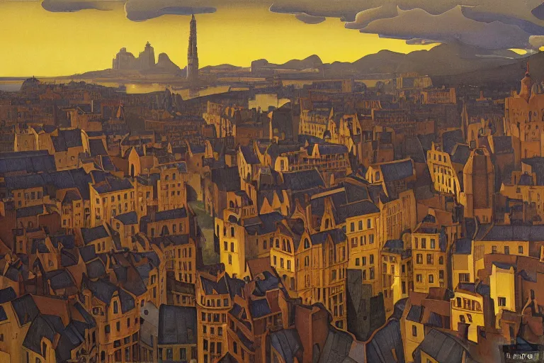 Prompt: view of the old grey city and its winding streets still wet after a storm, tall windows lit up, beautiful ornamental architecture, dramatic cinematic lighting, rich colors, by Nicholas Roerich and William Dyce and ford madox brown and April Gornik and Sylvain Sarrailh and Ludwig Deutsch and Diego Rivera, featured on artstation