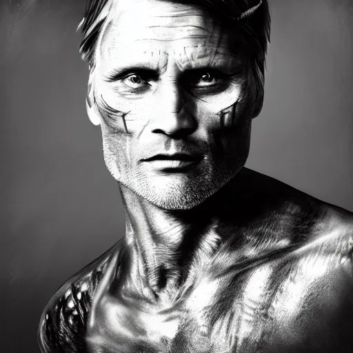 Prompt: viggo mortensen portrait, dystopia core, apocalyptic, armor, warrior, dramatic, sharp focus, fiction, neon, fantasy, hyper detailed, digital art, trending in artstation, cinematic lighting, studio quality, smooth render, unreal engine 5 rendered, octane rendered, art style and nixeu and wlop and krenz cushart