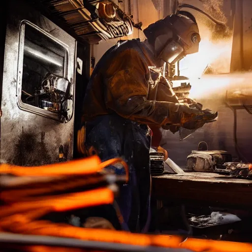 Image similar to technician repairing head of toaster oven mecha, dark messy smoke - filled cluttered workshop, dark, dramatic lighting, orange tint, cinematic, highly detailed, sci - fi, futuristic, movie still