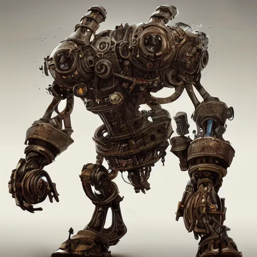 Prompt: a Steam powered mechanical golem in plate armoring, forward facing angle, concept art, character design, stunning 3d render , art by Tooth Wu and justin gerard and Blizzard studios, dim volumetric lighting, 8k octane beautifully detailed render, post-processing, extremely hyperdetailed, intricate complexity, epic composition, grim yet sparkling atmosphere, masterpiece, trending on artstation