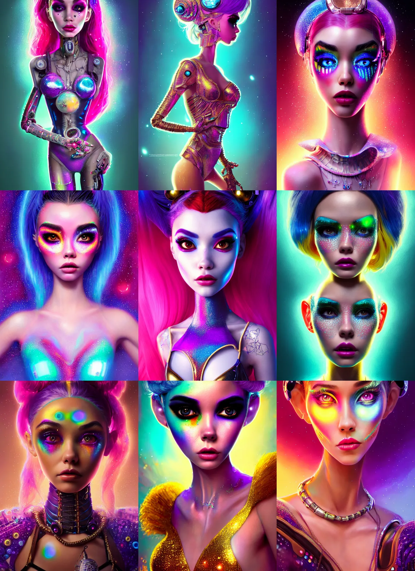 Prompt: pixar portrait 8 k photo, beautiful milky galactic gogo dancer clowncore madison beer cyborg, golden ratio details, sci - fi, fantasy, cyberpunk, intricate, elegant, highly detailed, digital painting, ever after high, octane render, artstation, concept art, smooth, sharp focus, illustration, art by artgerm, loish, wlop