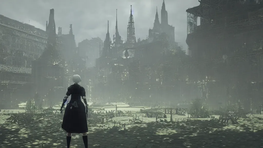 Image similar to Screenshot from Nier Automata, beautiful landscape in Paris