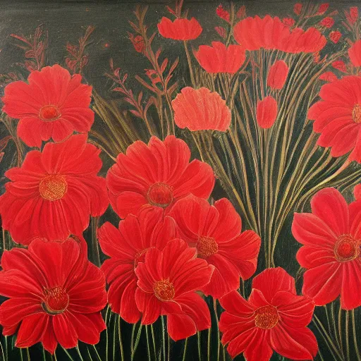 Image similar to painting of many various red flowers on a dark background, painted by Sandro Botticelli, the flowers are floating and are seen from the side, dark atmosphere, realistic flowers oil painting