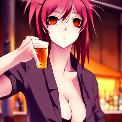 Image similar to Masculine looking anime girl at a bar drinking a beer, warm glow from the lights, angle that looks up at her from below, deviantart, pixiv, detailed face, smug appearance, beautiful anime, obviously drunk with reddish cheeks, detailed anime eyes with pupils, in the style of Demon Slayer