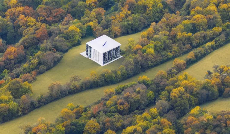 Prompt: A serene landscape with a singular building in the style of aerial view.