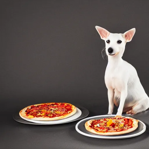 Prompt: detailed photo of a white jack russel eating pizza, various poses, full body, studio light, 8 k, photorealism, intricate detail, diffuse lighting