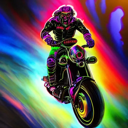 Image similar to psychedelic blacklight airbrush artwork, hyperrealistic motorcycle, hyper stylized action shot of an orc biker riding a motorcycle doing a wheelie, clear focused details, soft airbrushed artwork, black background, cgsociety, artstation