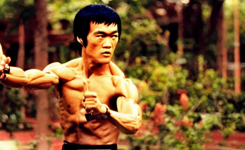 Image similar to 7 0 s movie still of bruce lee with mechanical robotic arms, kodachrome, cinecolor, cinestill, highly detailed, photorealistic, cinematic, film grain,