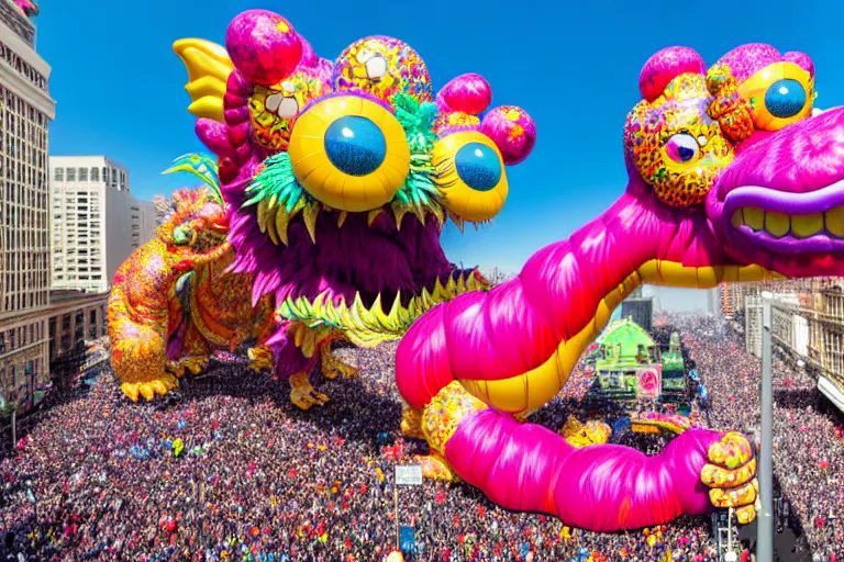 Image similar to photo of giant beautiful elaborate parade float monster designed by lisa frank and geof darrow, in the macys parade, detailed 4 k photo, gigapixel, hyperdetailed