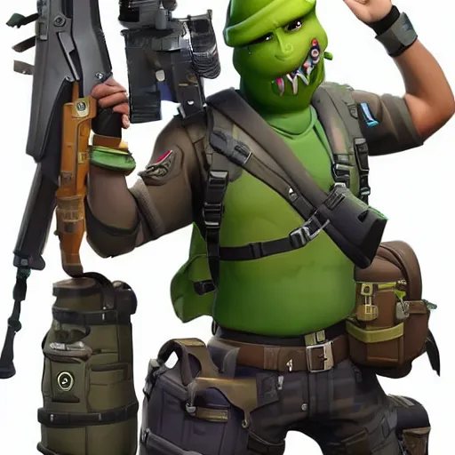 Prompt: anthropomorphic pickle man wearing bullet proof vest, ammo bandolier, tactical cargo pants, black military boots. fortnite character design