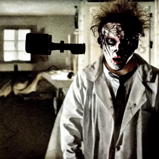 Image similar to mad scientist with a burnt face, creepy, eerie, horror movie still