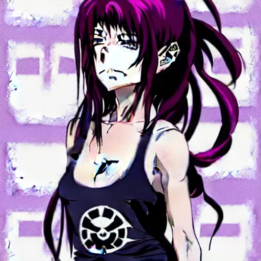 Prompt: style of madhouse studio anime, black lagoon manga, loish, artgerm, comic art, portrait of revy from black lagoon, symmetrical eyes and symmetrical face, jean shorts, white tank top, purple hair, sarcastic evil smirk on face, sky and ocean background