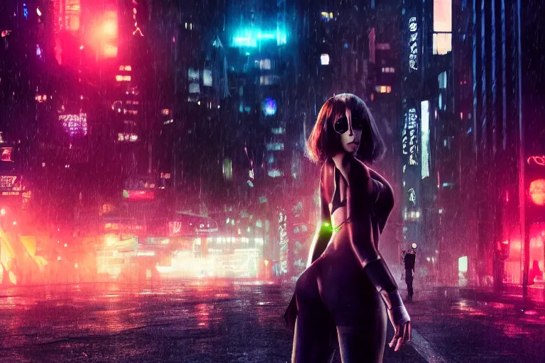 Prompt: 4 k remaster extremely detailed cinematic movie still from blade runner 2 0 4 9 of a cyborg warrior princess in the street, megabuildings, face by artgerm, cyber noir, bokeh, denis villeneuve, rich colors, night, road