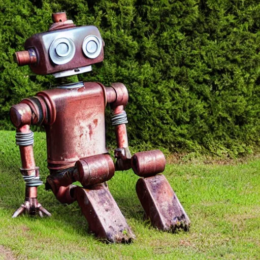 Image similar to rusty robot sitting by a tree, auction catalogue photo