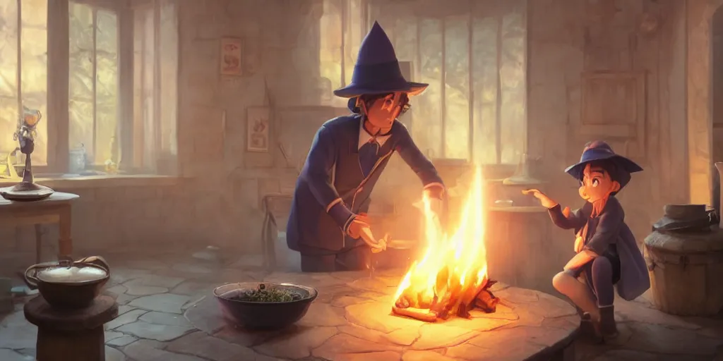 Prompt: a wholesome animation key shot of wizard with a hat coocking the magical brew that emmits sparklings in pot at fireplace, medium shot, waist up, studio ghibli, pixar and disney animation, sharp, rendered in unreal engine 5, anime key art by greg rutkowski, bloom, dramatic lighting