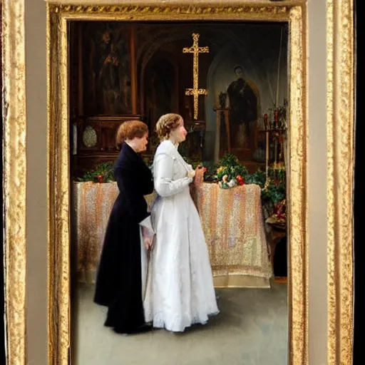 Image similar to two young edwardian women getting married to each other in a russian church, in the style of anders zorn
