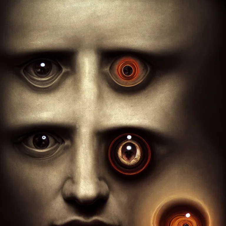 Image similar to symmetrical portrait of beautiful man covered with eyes inside holes, embryos, by hieronymus bosch, lucid dream - like heavy atmosphere, baroque painting, perfect composition, detailed octane render trending on artstation, 8 k artistic photography, volumetric cinematic perfect light, chiaroscuro, masterpiece, raphael, caravaggio, beksinski, rutkowski