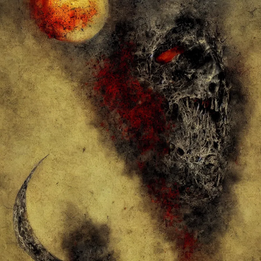Image similar to fetal moon with a fanged devouring moon sharp fangs streaming blood bestial moon, award winning oil painting digital art by Samuel Araya, chromatic aberration