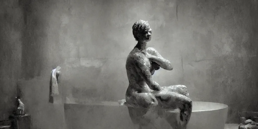 Image similar to a photography of a statue taking a bath, silent hill bathroom, dark atmosphere, sharp focus, dramatic, dynamic lighting, elegant, open space, harmony, white background, masterpiece, by jenny saville, by ben aronson, by lucian freud, by riccardo federici, by james jean, by craig mullins, by jeremy mann