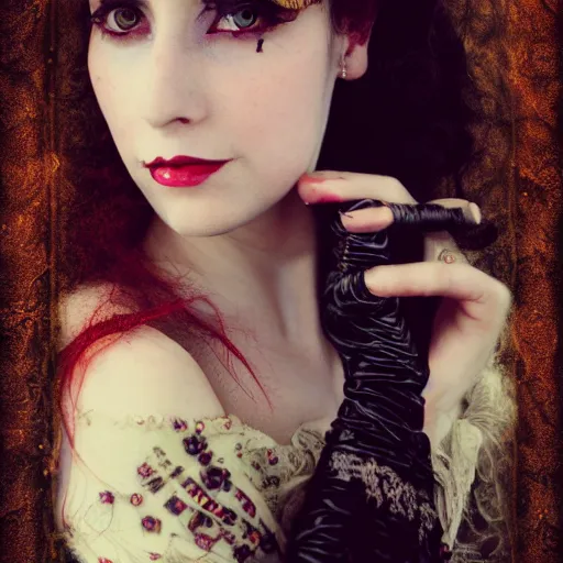 Image similar to A beautiful portrait of a lady vampire, steampunk, photography, 35mm, soft light, cinematic, klimt