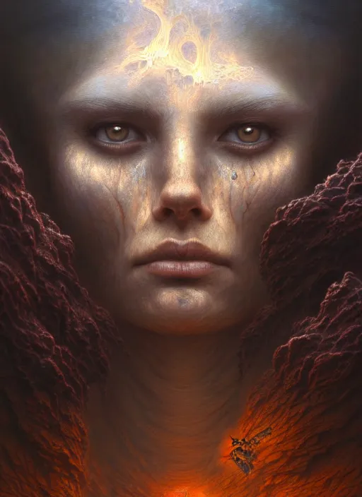 Image similar to closeup portrait shot of a meditation in a hellscape in a scenic dystopian environment, intricate, elegant, highly detailed, centered, digital painting, artstation, concept art, smooth, sharp focus, illustration, artgerm, tomasz alen kopera, peter mohrbacher, donato giancola, joseph christian leyendecker, wlop, boris vallejo