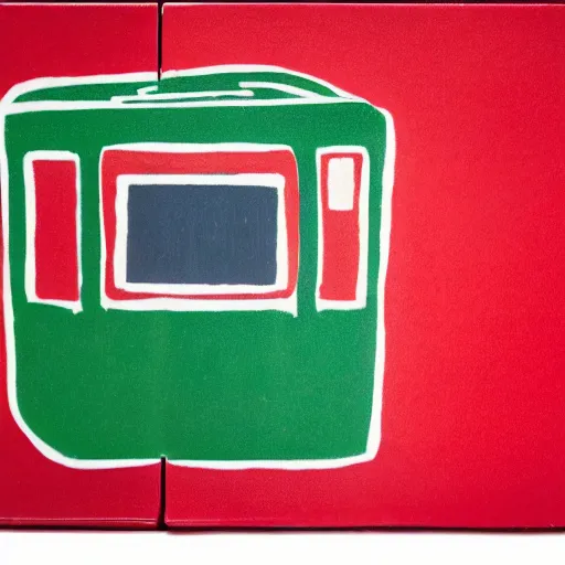 Image similar to red box on a blue box under a green box on a white background, studio