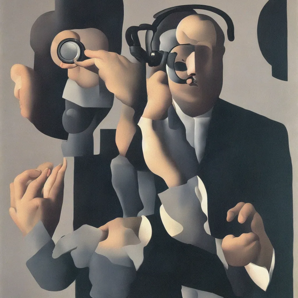 Image similar to i, a man wearing headphone and playing his iphone, by rene magritte