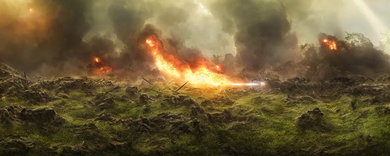 Image similar to natural looking fight landscape of ww 1 trenches, with green gas spreading across land, soldiers are attacking fighting with resistance aliens, futuristic tank is on fire, ground explosion in the background, alien mothership in the sky, hyper realistic, highly detailed, dramatic lighting, raytarced, god rays, 4 k, 8 k, matte painting