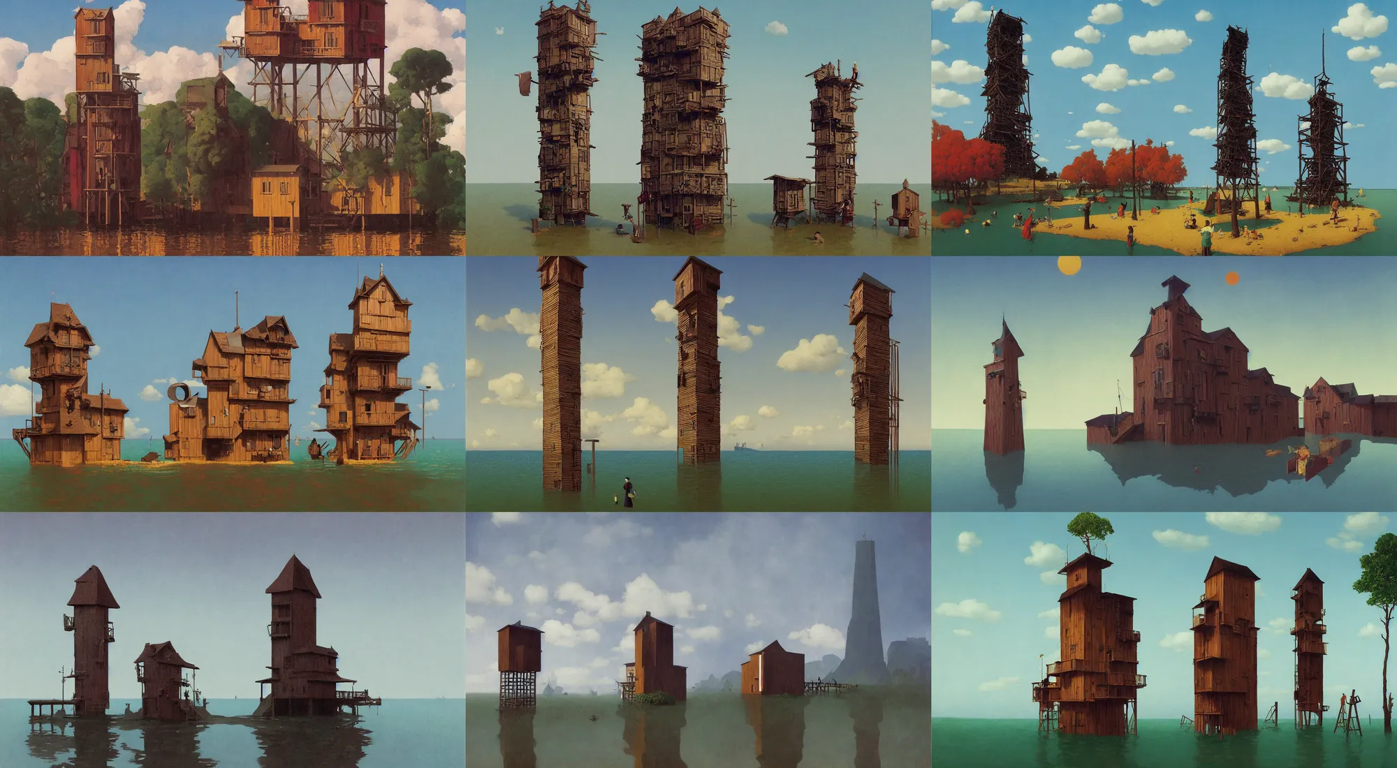 Image similar to single flooded simple wooden tower, very coherent and colorful high contrast!! masterpiece by rene magritte simon stalenhag carl spitzweg syd mead norman rockwell edward hopper james gilleard, minimalist, dark shadows, sunny day, hard lighting