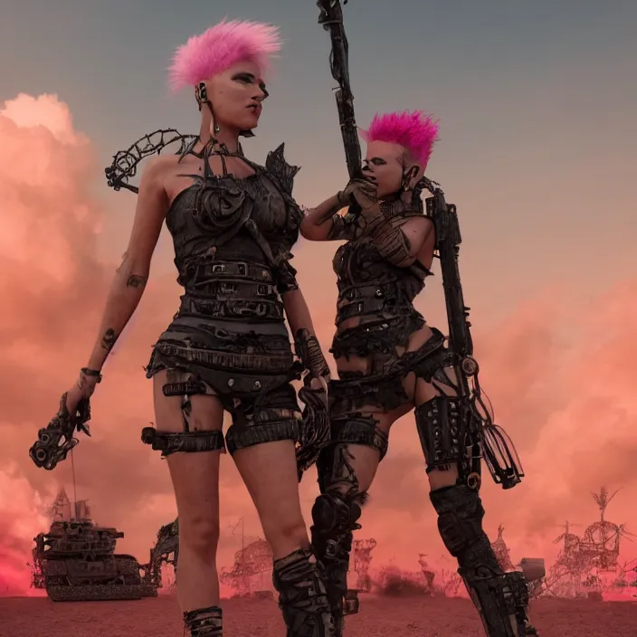 Image similar to beautiful apocalyptic woman with pink Mohawk, standing on mad max panzer tank, 4k ultra hd, fantasy dark art, sharp, tank girl, artstation, octane render