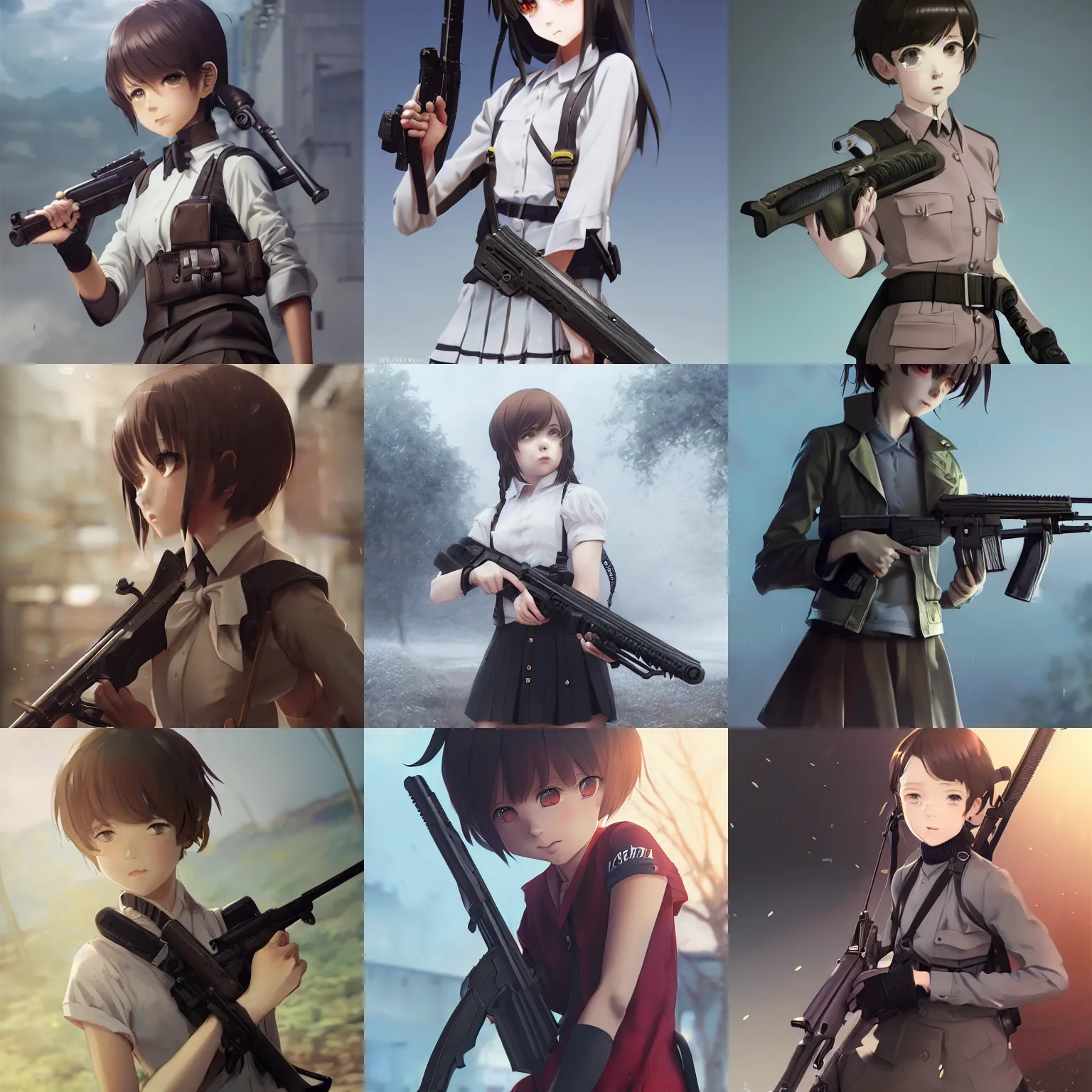 Prompt: worksafe. insanely detailed. by wlop, ilya kuvshinov, krenz cushart, greg rutkowski, pixiv. zbrush sculpt, octane, maya, houdini, vfx. closeup gorgeous attractive young cg anime teen kid schoolgirl, holding a rifle, in luxury advertisement. cinematic dramatic atmosphere, sharp focus, volumetric lighting