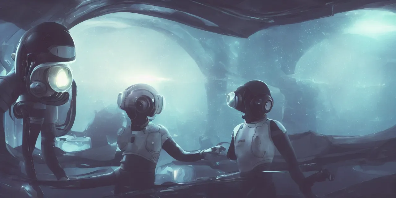 Image similar to Zoe Kravitz with short hair as a futuristic astronaut, outside large window of ship, helmet with clear HUD shield and led lights, underwater in the ocean at night, dark water, volumetric lighting, glowing lights, 4k, octane, digital painting, artstation, concept art, sharp focus, illustration, high contrast, high saturation , cinematic film still, art by artgerm and greg rutkowski and alphonse mucha , wide angle view,