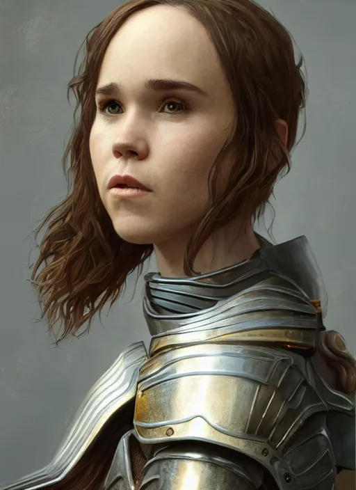 Prompt: portrait of ellen page as a legendary knight warrior, au naturel, hyper detailed, digital art, trending in artstation, cinematic lighting, studio quality, smooth render, unreal engine 5 rendered, octane rendered, art style by klimt and nixeu and ian sprigger and wlop and krenz cushart.