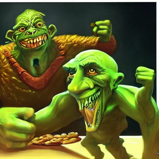 Prompt: greenskin goblin at mcdonalds, yelling at cashier, throwing big mac, by les edwards