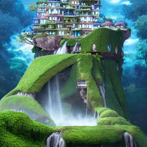 Prompt: waterfall village, by benoit mandelbrot, filip hodas, vincent callebaut, mike campau and studio ghibli