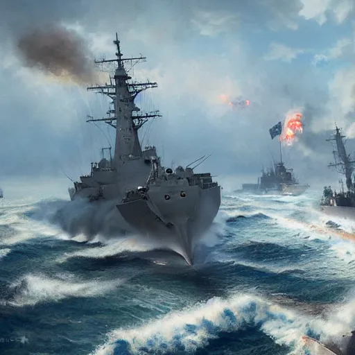 Prompt: an american navy attacking the german navy in ww 2 by greg rutkowski