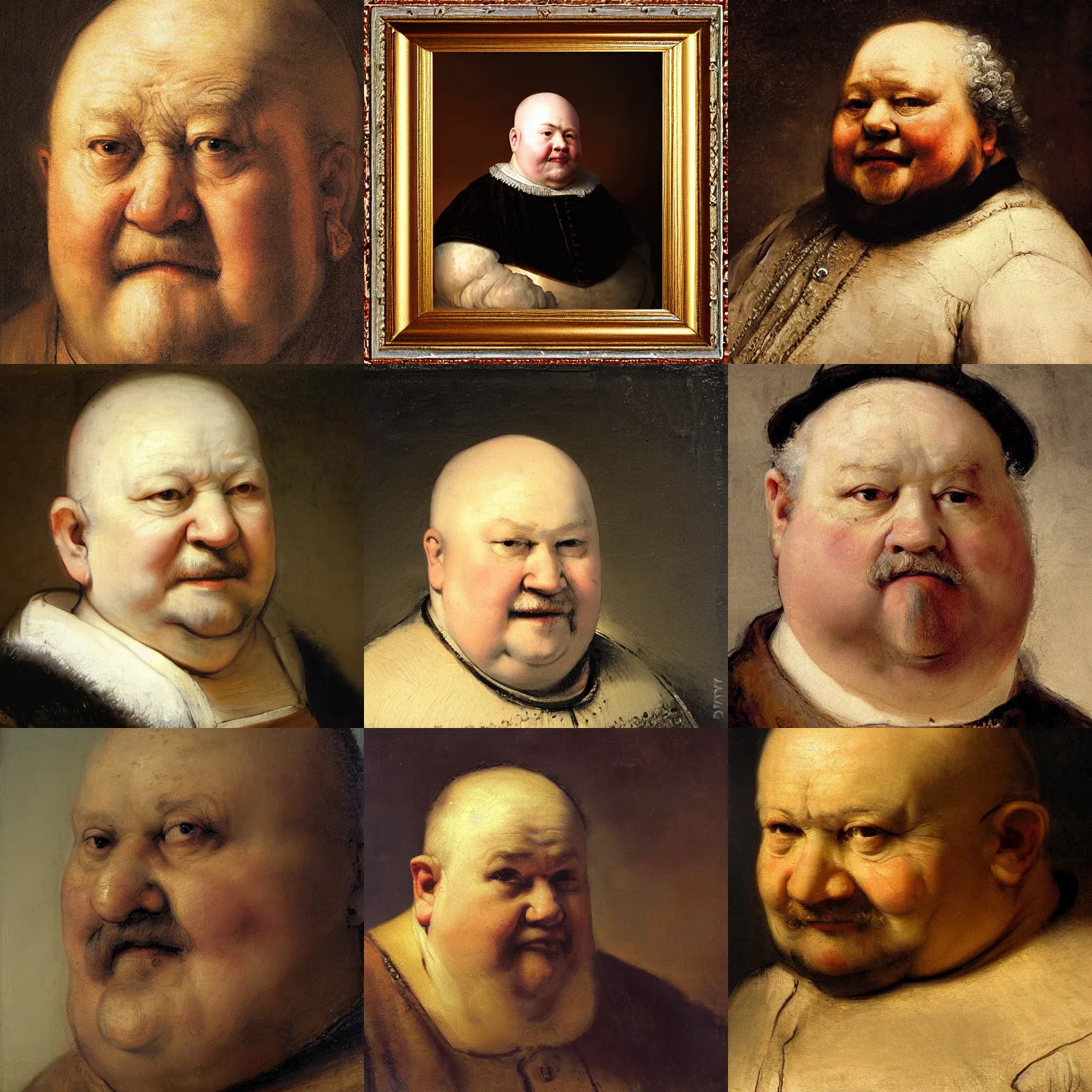 Prompt: high quality character portrait oil painting of fat bald happy mid-aged king by Rembrandt, middle close up shot