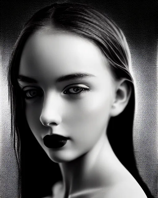 Prompt: black and white dreamy young beautiful female nuclear - cyborg high quality portrait photo, microchip skin, artificial intelligence, cinematic, rim light, photo - realistic, elegant, high detail, 8 k, masterpiece, high fashion, photo taken in 1 9 3 0