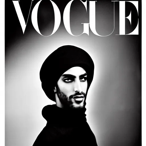 Image similar to a beautiful professional black and white photograph by hamir sardar, herb ritts and ellen von unwerh for the cover of vogue magazine of an unusually handsome moroccan male fashion model looking at the camera in a flirtatious way, leica 5 0 mm f 1. 8 lens