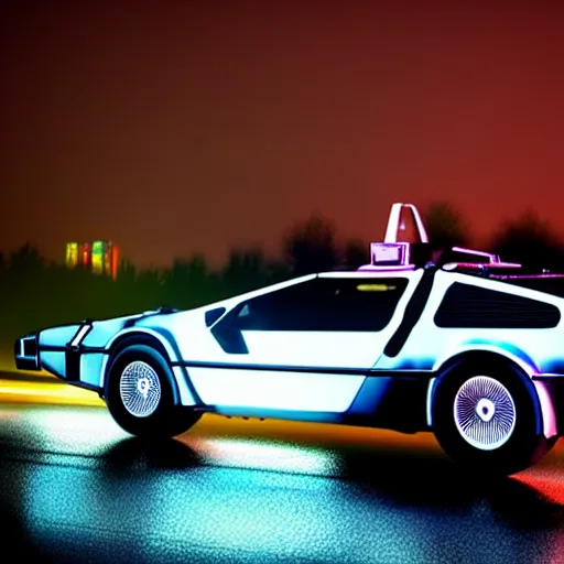 Image similar to futuristic delorean time machine at night in the rain driving on the highway