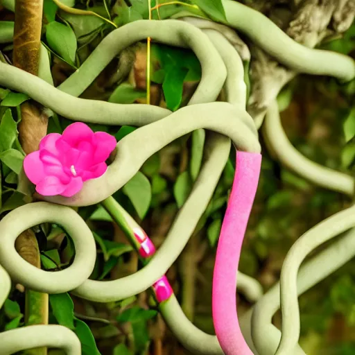 Image similar to studio photograph of a thin green vine creature with vine limbs and a pink blooming flower mouth with many sharp teeth