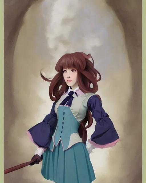 Prompt: late renaissance magical academy girl school uniform with coat, pale cyan and grey fabric, jodhpurs greg manchess painting by sargent and leyendecker, fantasy, medium shot, asymmetrical, intricate, elegant, matte painting, illustration, hearthstone, by greg rutkowski, greg tocchini, james gilleard, joe fenton, moebius, ayami kojima