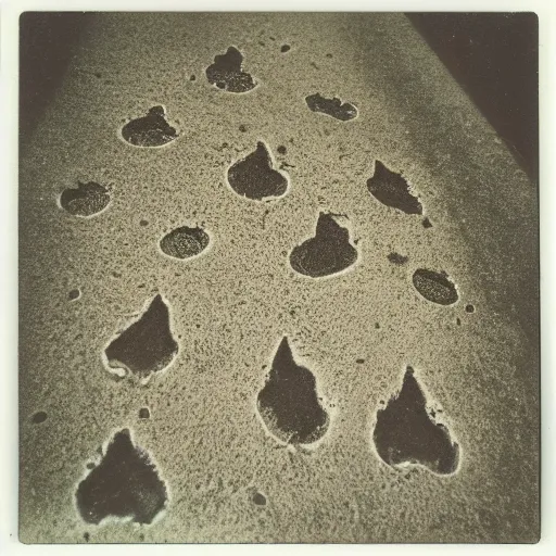 Image similar to ant's eye view shot, detailed symmetrical cat paw prints in wet concrete, polaroid photo,