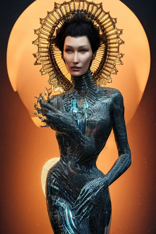 Image similar to a highly detailed 4 k render of a beautiful alien goddess bella hadid in iris van herpen dress schiaparelli in diamonds in style of alphonse mucha trending on artstation made in unreal engine 4