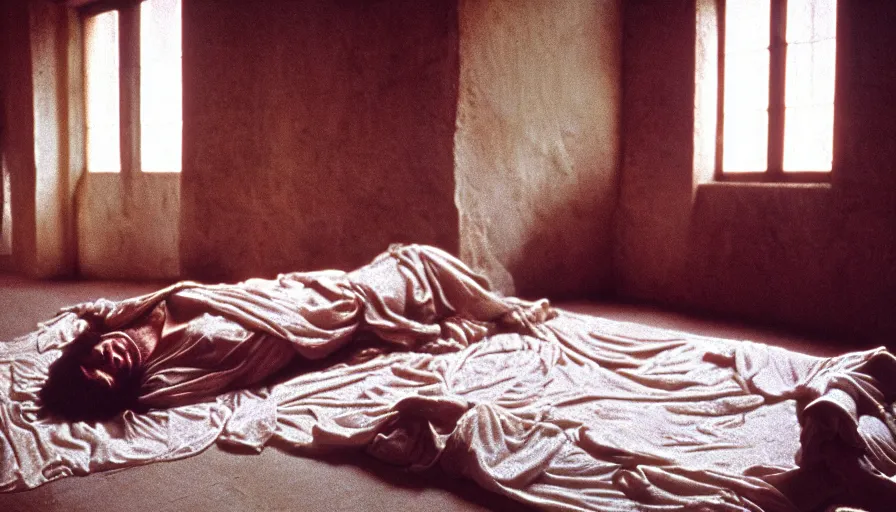 Image similar to 1 9 7 0 s movie still of the marcus aurelius'death on his bed in a ancient palace, cinestill 8 0 0 t 3 5 mm, high quality, heavy grain, high detail, cinematic composition, dramatic light, anamorphic, ultra wide lens, hyperrealistic